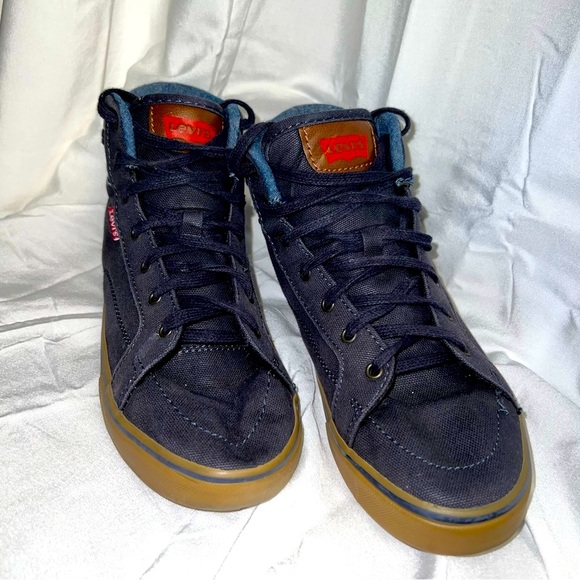 LEVI'S High Top Blue Denim Sneakers Men’s Size 6 Canvas & Tan Leather Levi LOGO - Picture 6 of 12